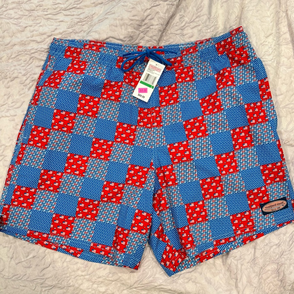 Men's Vineyard Vines 7 Inch Americana Patchwork Swim Shorts - Red and Blue
